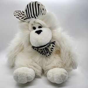 Rare find VTG White fluffy Monkey Black White hat bow tie plush stuffed animal
